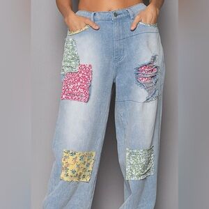 POL Blue Denim Joggers with Floral Patchwork - Size S